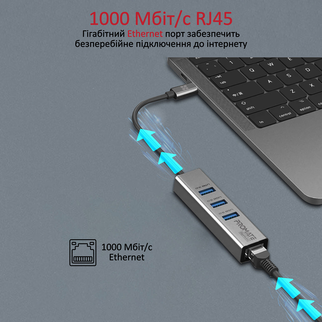 Порт-реплікатор PROMATE GigaHub-C Multi-Port USB-C Hub with Ethernet Adapter Gray