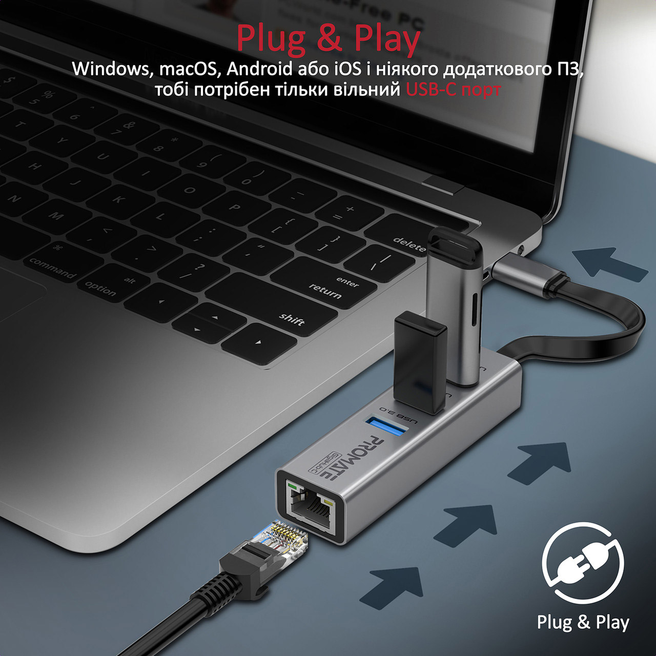 Порт-реплікатор PROMATE GigaHub-C Multi-Port USB-C Hub with Ethernet Adapter Gray