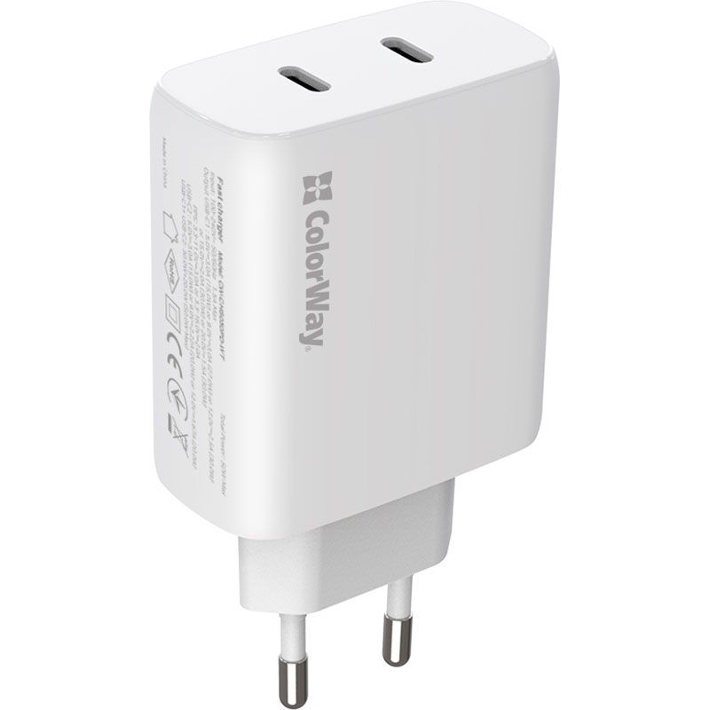 Зарядний пристрій COLORWAY GaN Mini 50W 2xUSB-C Dual Quick Charging White (CW-CHS050PD-WT)