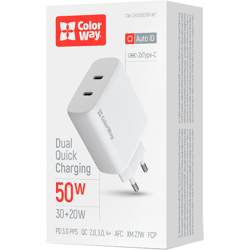 Зарядний пристрій COLORWAY GaN Mini 50W 2xUSB-C Dual Quick Charging White (CW-CHS050PD-WT)