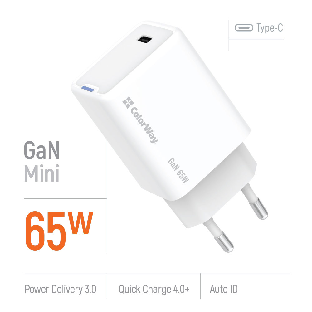 Зарядний пристрій COLORWAY GaN Mini 65W 1xUSB-C Fast Charging White (CW-CHS049PD-WT)