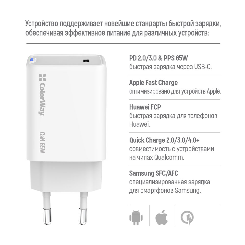 Зарядний пристрій COLORWAY GaN Mini 65W 1xUSB-C Fast Charging White (CW-CHS049PD-WT)