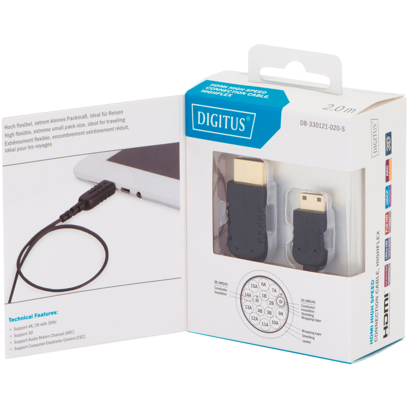 Кабель оптичний (AOC) DIGITUS High Speed, HighFlex Connection Cable HDMI - Mini-HDMI 2м Black (DB-330121-020-S)