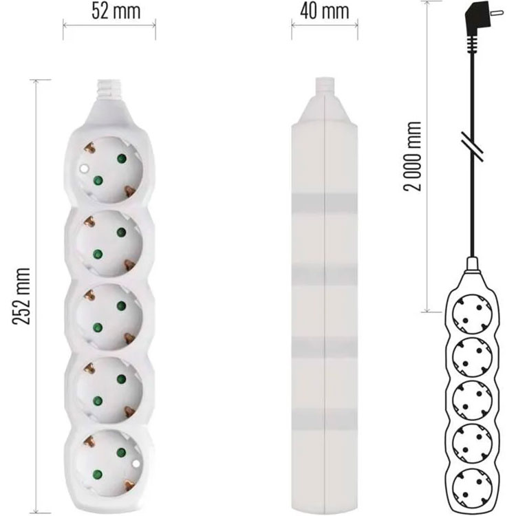 Подовжувач EMOS P0522 White, 5 розеток, 2м