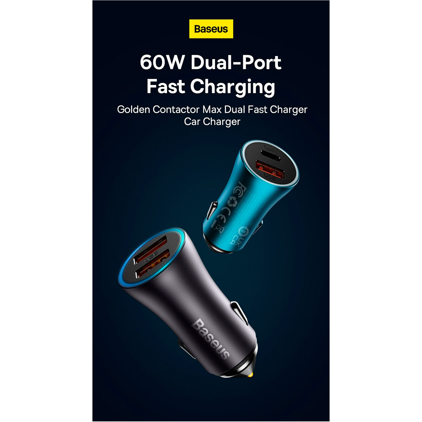 Автомобильное зарядное устройство BASEUS Golden Contactor Max Dual Fast Charger U+C 60W Blue (CGJM000103)