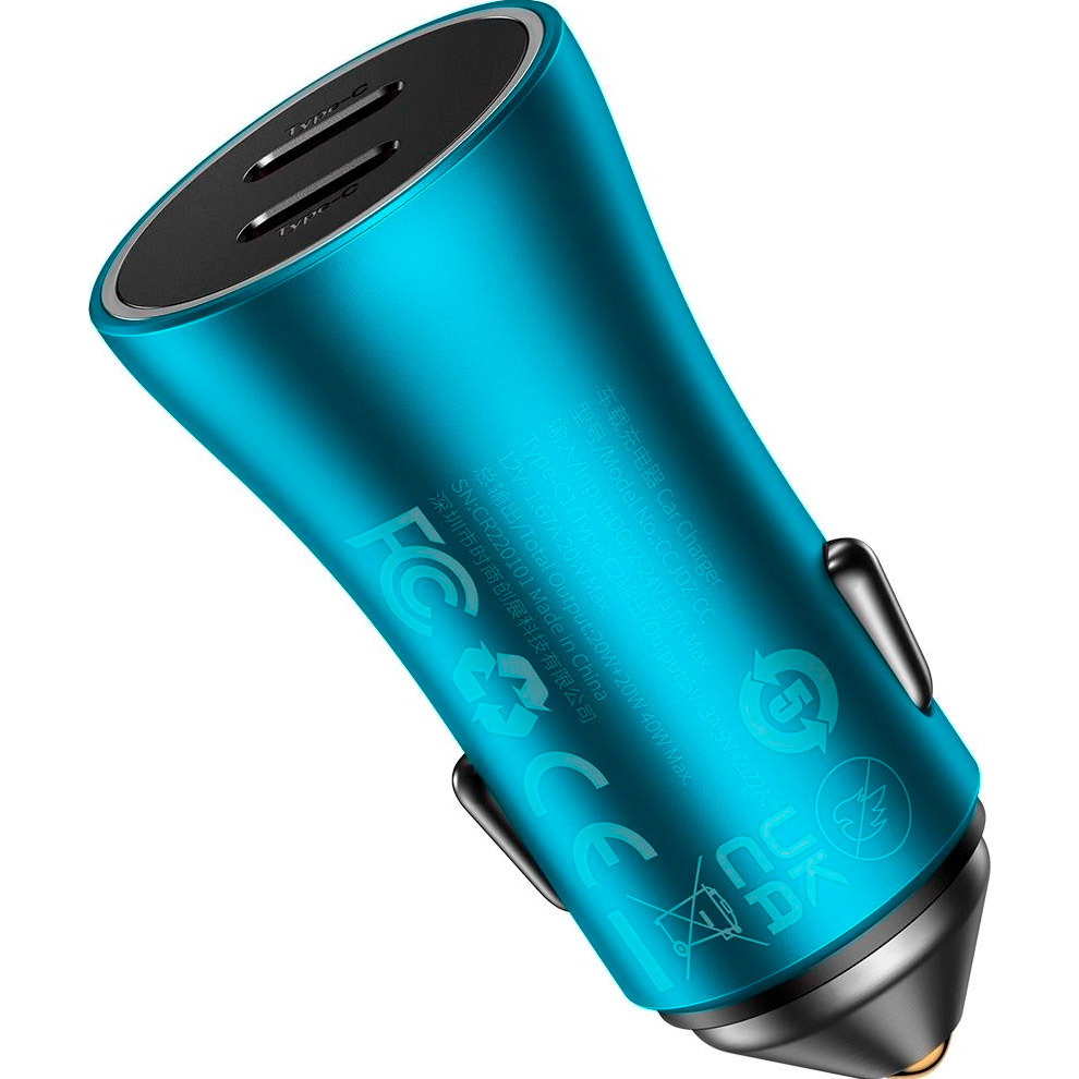 Автомобільний зарядний пристрій BASEUS Golden Contactor Pro Dual Fast Charger Car Charger C+C 40W Blue (CGJP000003)
