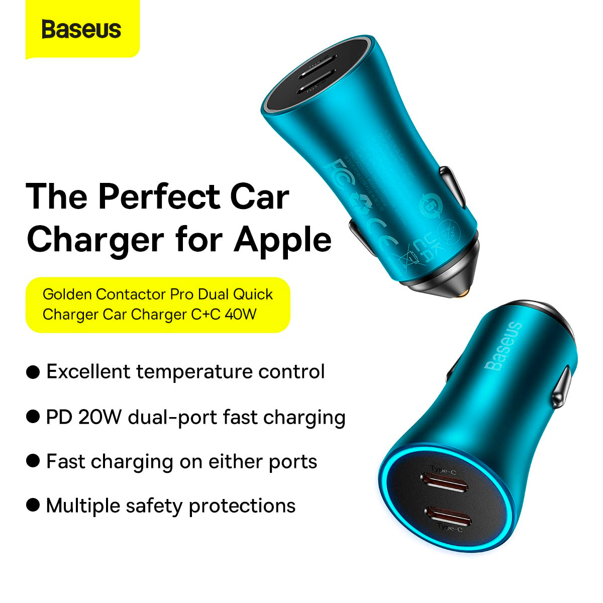 Автомобільний зарядний пристрій BASEUS Golden Contactor Pro Dual Fast Charger Car Charger C+C 40W Blue (CGJP000003)