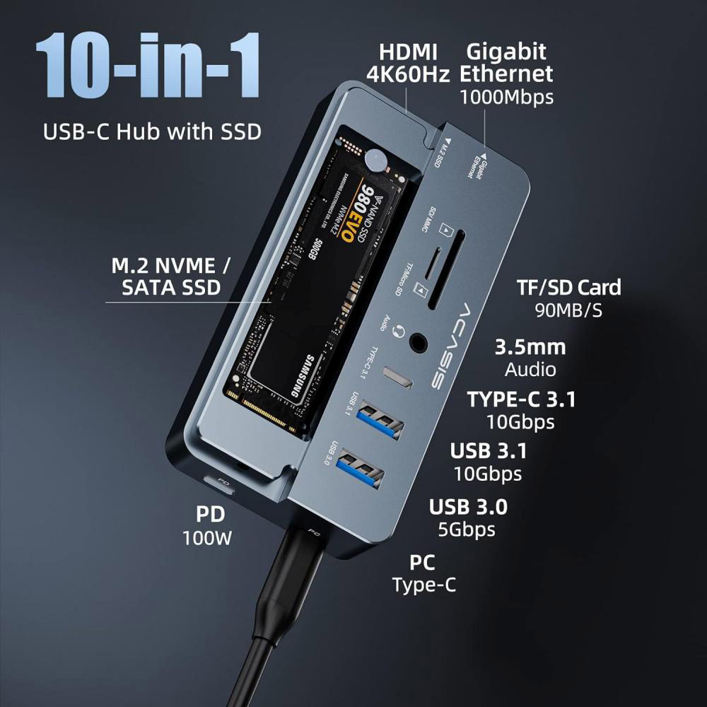 Порт-репликатор ACASIS CM073 Swappable High-Speed SSD Storage & 10-in-1 Hub Docking Station Black
