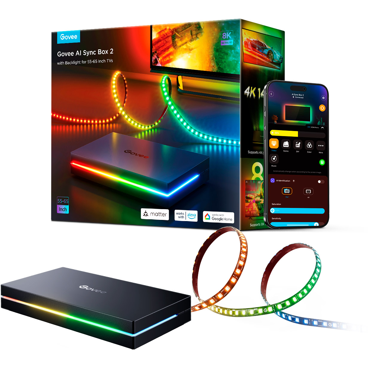 Набір адаптивного підсвічування GOVEE H8604 Govee AI Sync Box 2 for 55"-65" RGBICW 3.6м (H8604C12)
