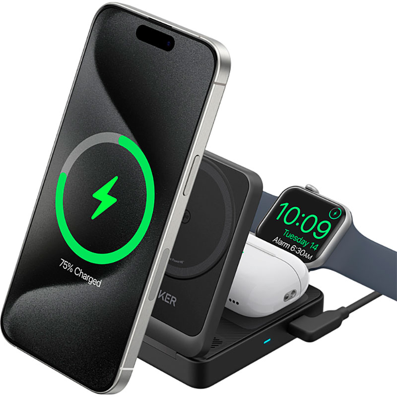 Бездротовий зарядний пристрій ANKER MagGo 3-in-1 Foldable 15W Qi2 Wireless Charging Station Black (B25M8H11)