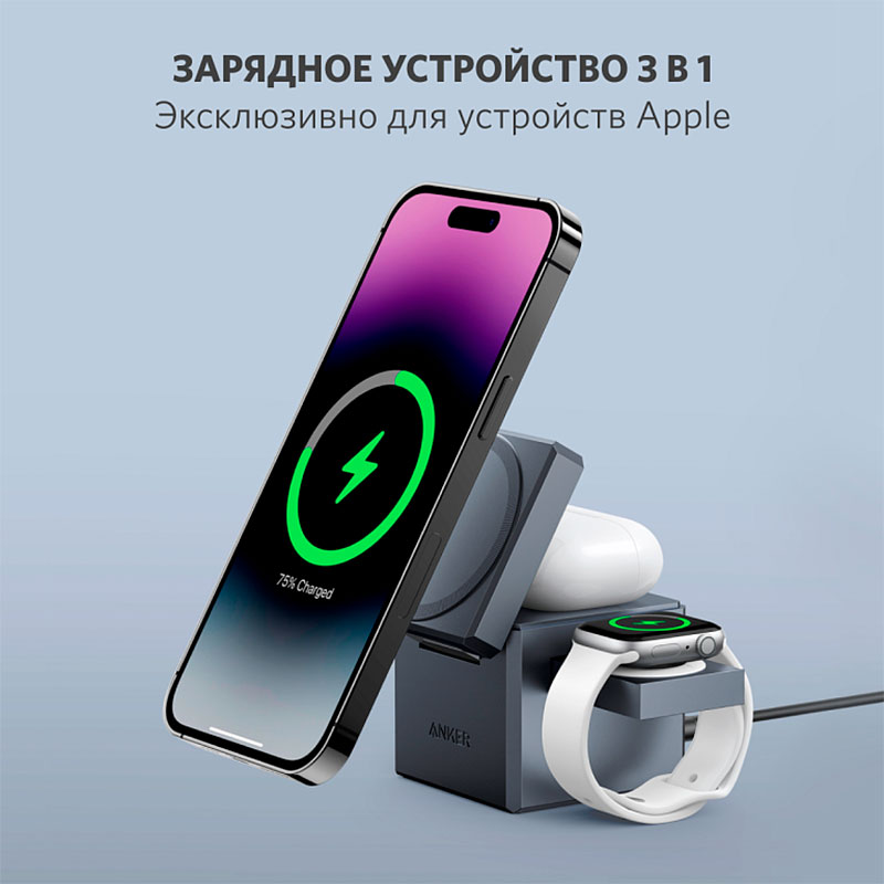 Бездротовий зарядний пристрій ANKER 3-in-1 Cube MagSafe 15W Wireless Charging Station Black (Y1811G11)
