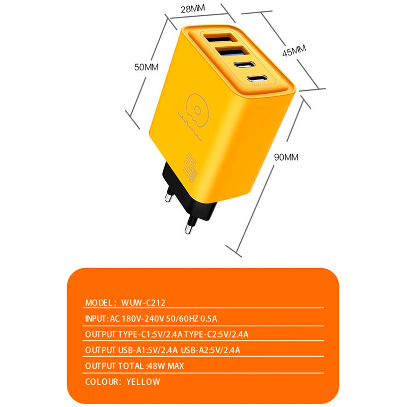 Зарядний пристрій WUW C212 2xUSB-A, 2xUSB-C, PD48W Yellow