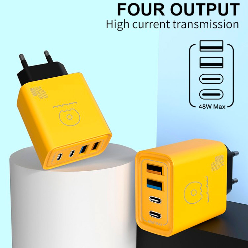 Зарядний пристрій WUW C212 2xUSB-A, 2xUSB-C, PD48W Yellow