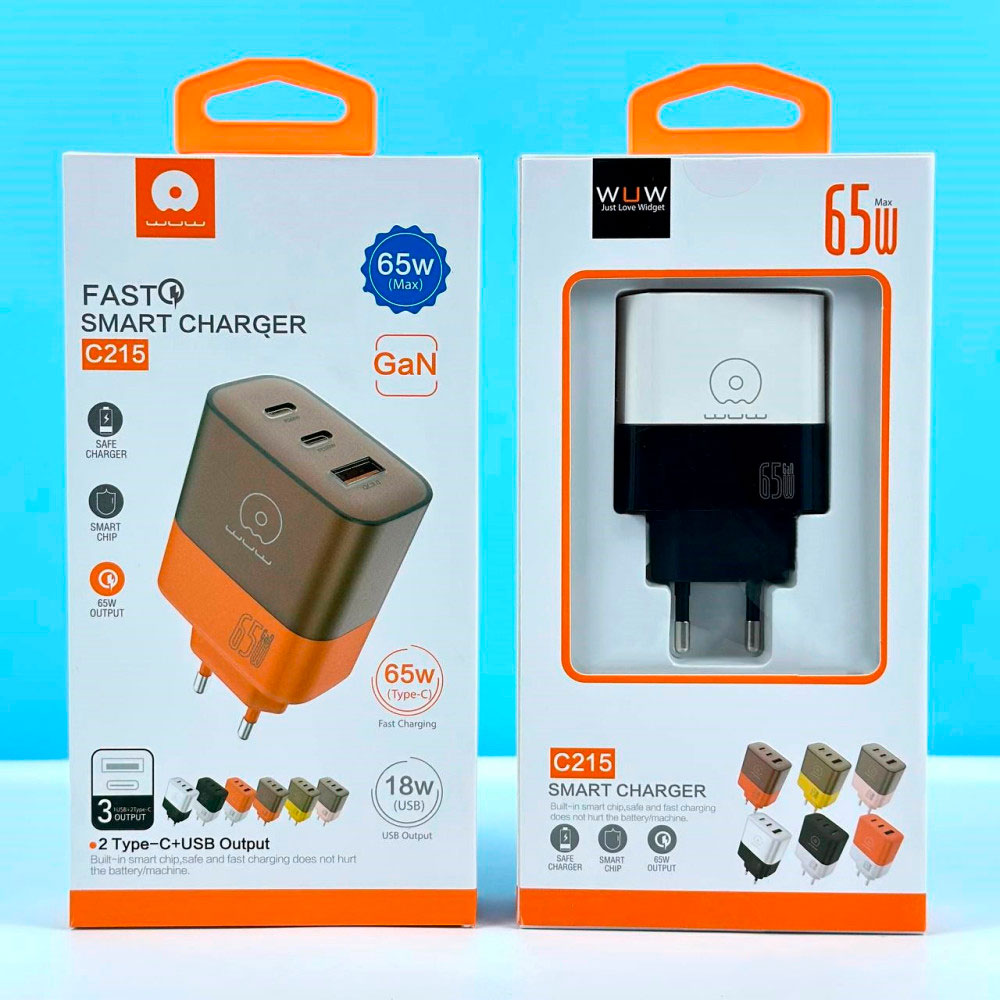 Зарядний пристрій WUW C215 1xUSB-A, 2xUSB-C, PD65W, QC3.0, GaN Brown/Orange