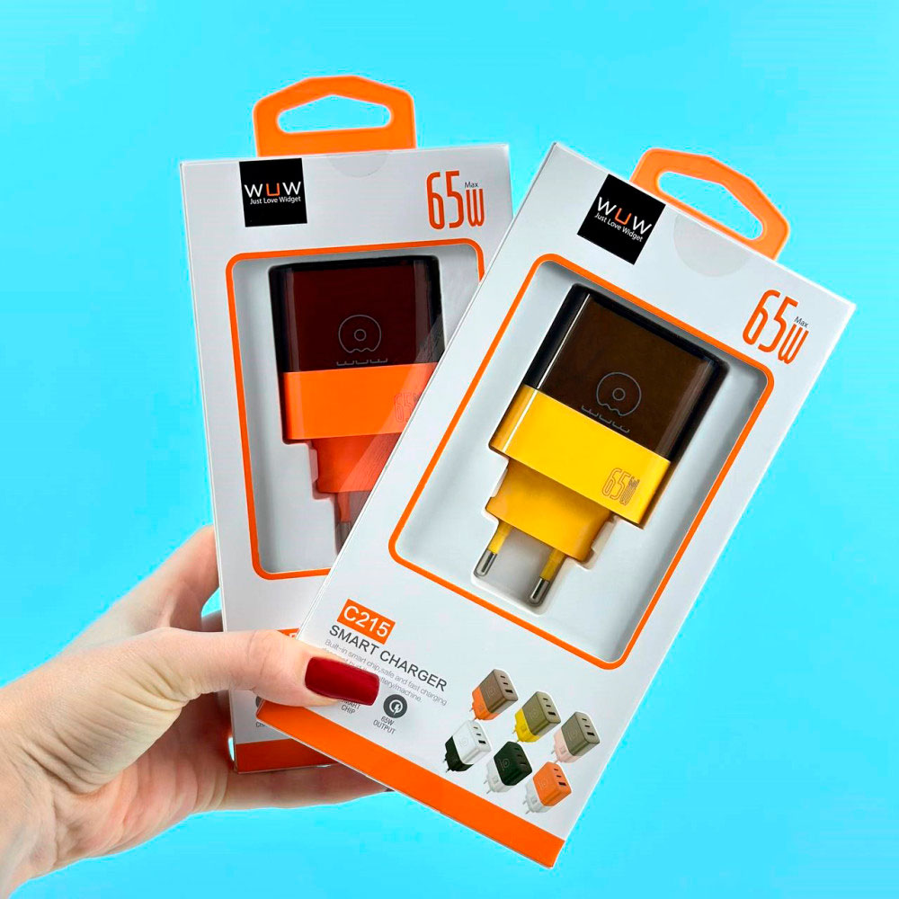 Зарядний пристрій WUW C215 1xUSB-A, 2xUSB-C, PD65W, QC3.0, GaN Brown/Orange
