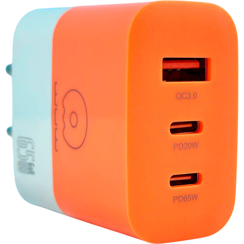 Зарядний пристрій WUW C215 1xUSB-A, 2xUSB-C, PD65W, QC3.0, GaN Orange/White