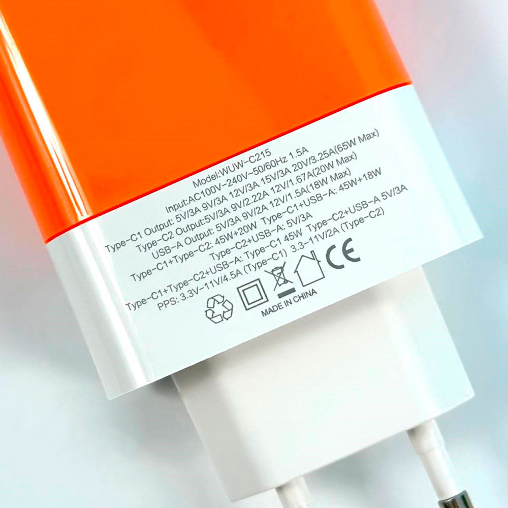Зарядний пристрій WUW C215 1xUSB-A, 2xUSB-C, PD65W, QC3.0, GaN Orange/White