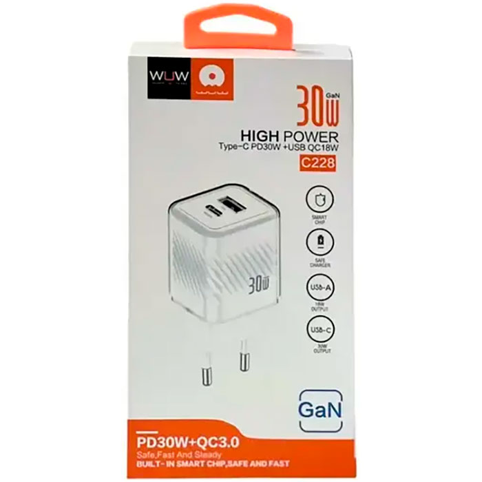 Зарядний пристрій WUW C228 1xUSB-A, 1xUSB-C, PD30W, GaN White