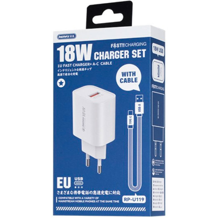 Зарядний пристрій REMAX RP-U119 Kiddy Series 1xUSB-A, 2.1A White w/Type-C cable
