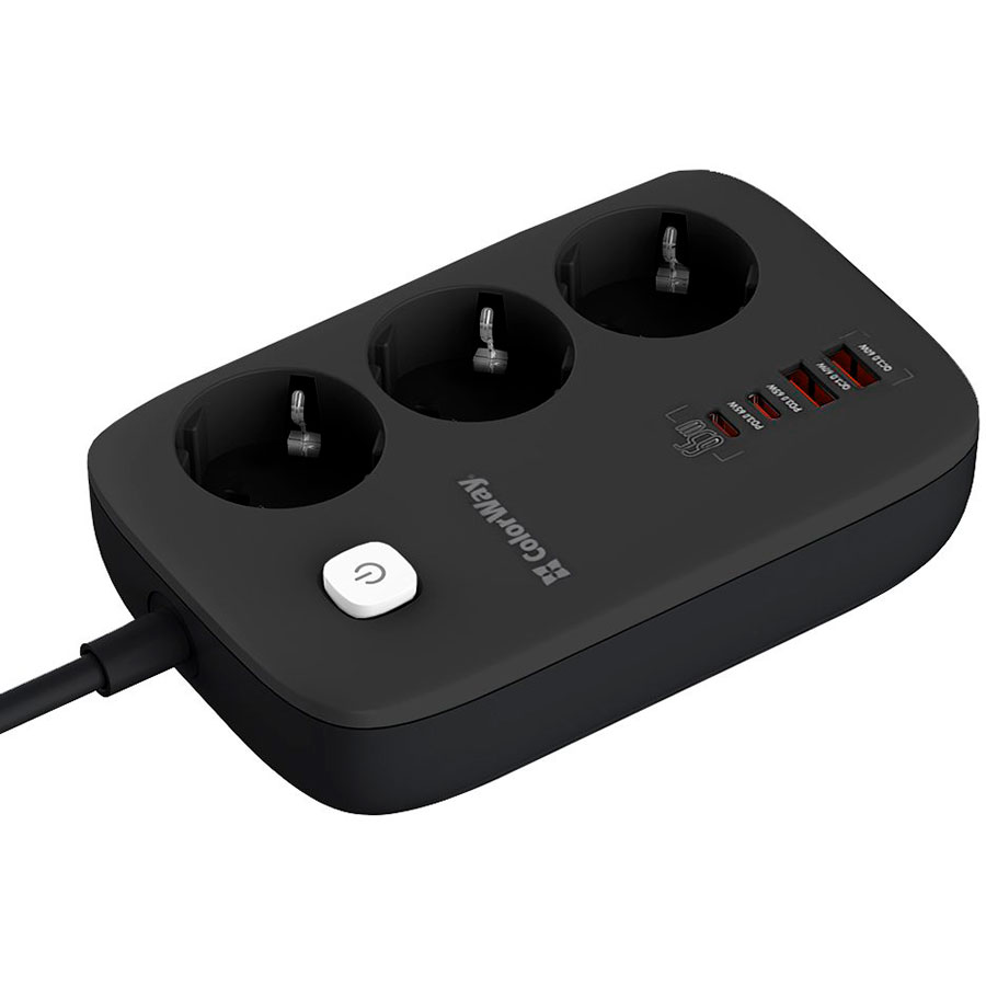 Мережевий фільтр COLORWAY CW-CHE34PDB Black, 3 розетки, 2xUSB-C, 2xUSB, 2м