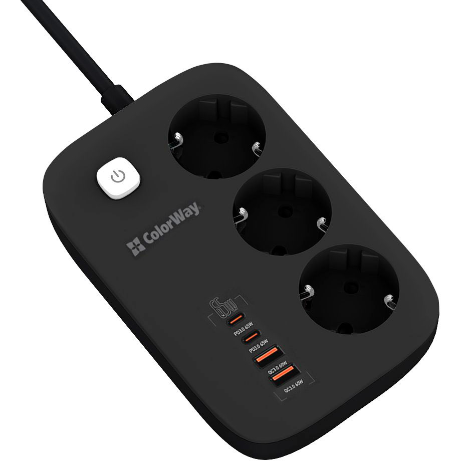 Мережевий фільтр COLORWAY CW-CHE34PDB Black, 3 розетки, 2xUSB-C, 2xUSB, 2м