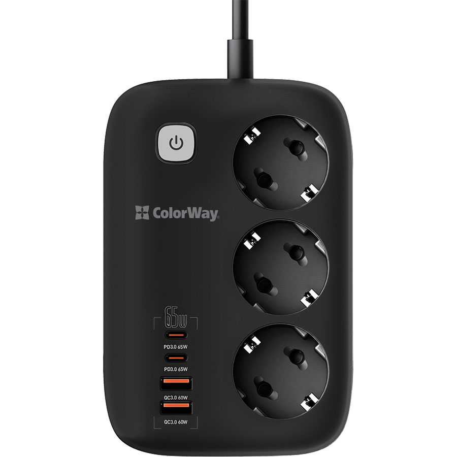 Мережевий фільтр COLORWAY CW-CHE34PDB Black, 3 розетки, 2xUSB-C, 2xUSB, 2м