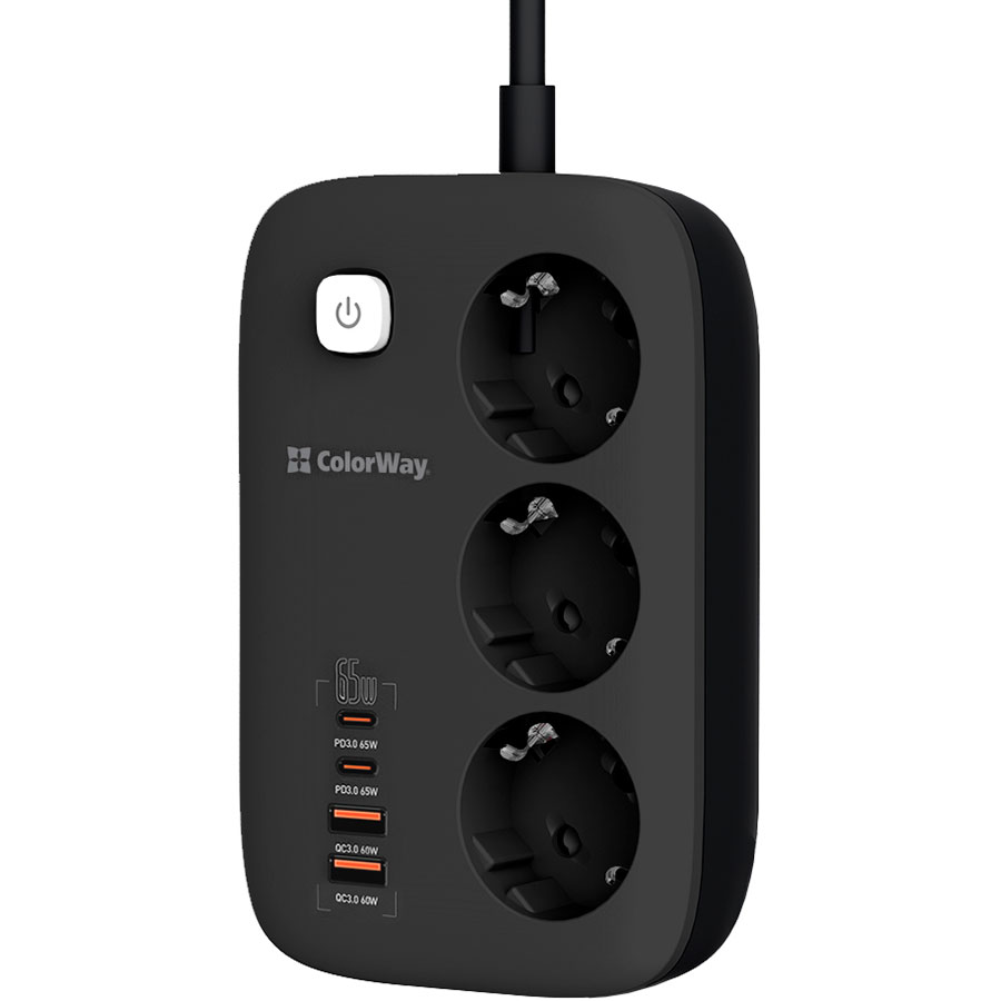 Мережевий фільтр COLORWAY CW-CHE34PDB Black, 3 розетки, 2xUSB-C, 2xUSB, 2м