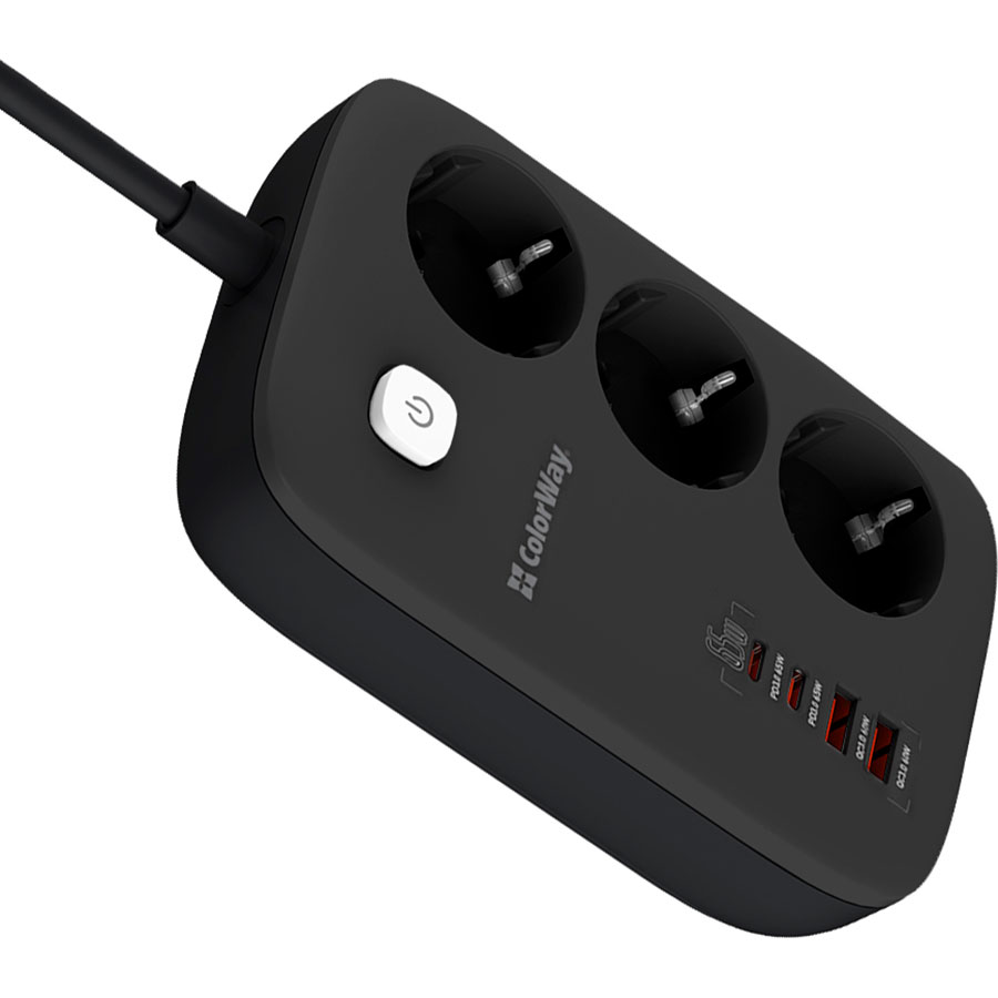 Мережевий фільтр COLORWAY CW-CHE34PDB Black, 3 розетки, 2xUSB-C, 2xUSB, 2м