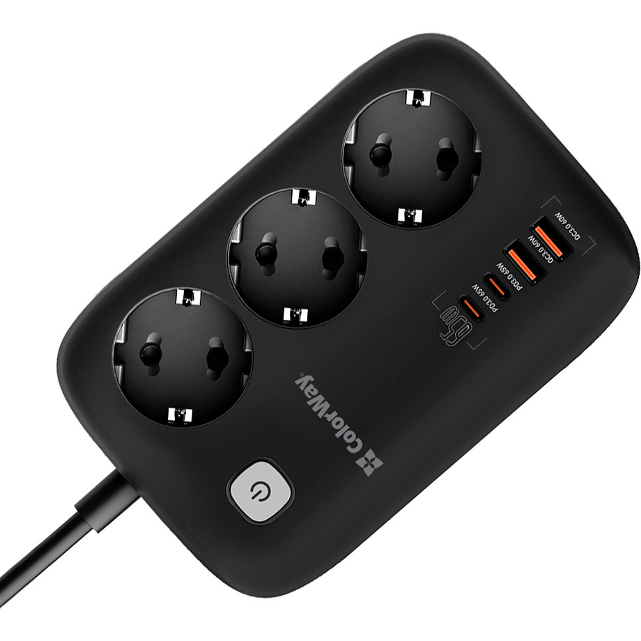 Мережевий фільтр COLORWAY CW-CHE34PDB Black, 3 розетки, 2xUSB-C, 2xUSB, 2м