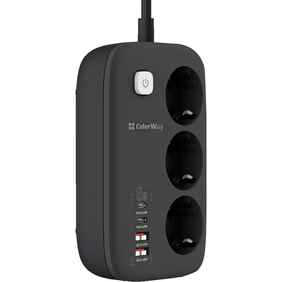 Мережевий фільтр COLORWAY CW-CHE34PDB Black, 3 розетки, 2xUSB-C, 2xUSB, 2м