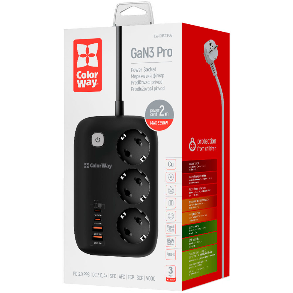 Мережевий фільтр COLORWAY CW-CHE34PDB Black, 3 розетки, 2xUSB-C, 2xUSB, 2м
