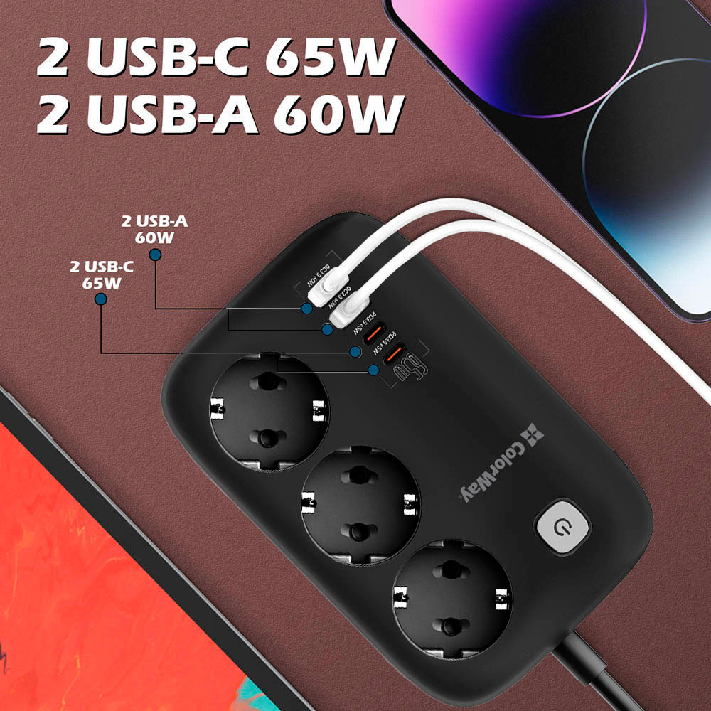 Мережевий фільтр COLORWAY CW-CHE34PDB Black, 3 розетки, 2xUSB-C, 2xUSB, 2м