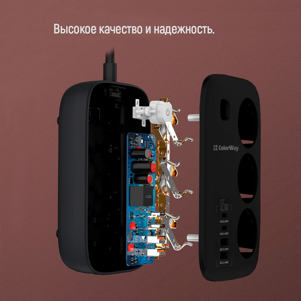 Мережевий фільтр COLORWAY CW-CHE34PDB Black, 3 розетки, 2xUSB-C, 2xUSB, 2м