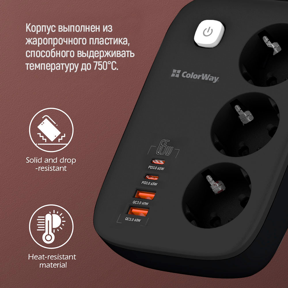 Мережевий фільтр COLORWAY CW-CHE34PDB Black, 3 розетки, 2xUSB-C, 2xUSB, 2м