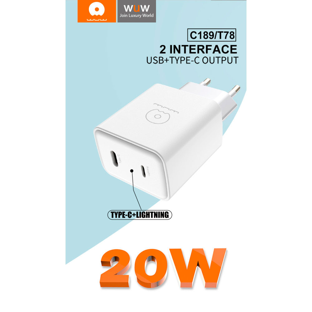 Зарядний пристрій WUW C189 1xUSB-C, 1xLightning, PD20W White