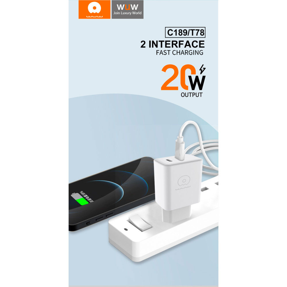 Зарядний пристрій WUW C189 1xUSB-C, 1xLightning, PD20W White