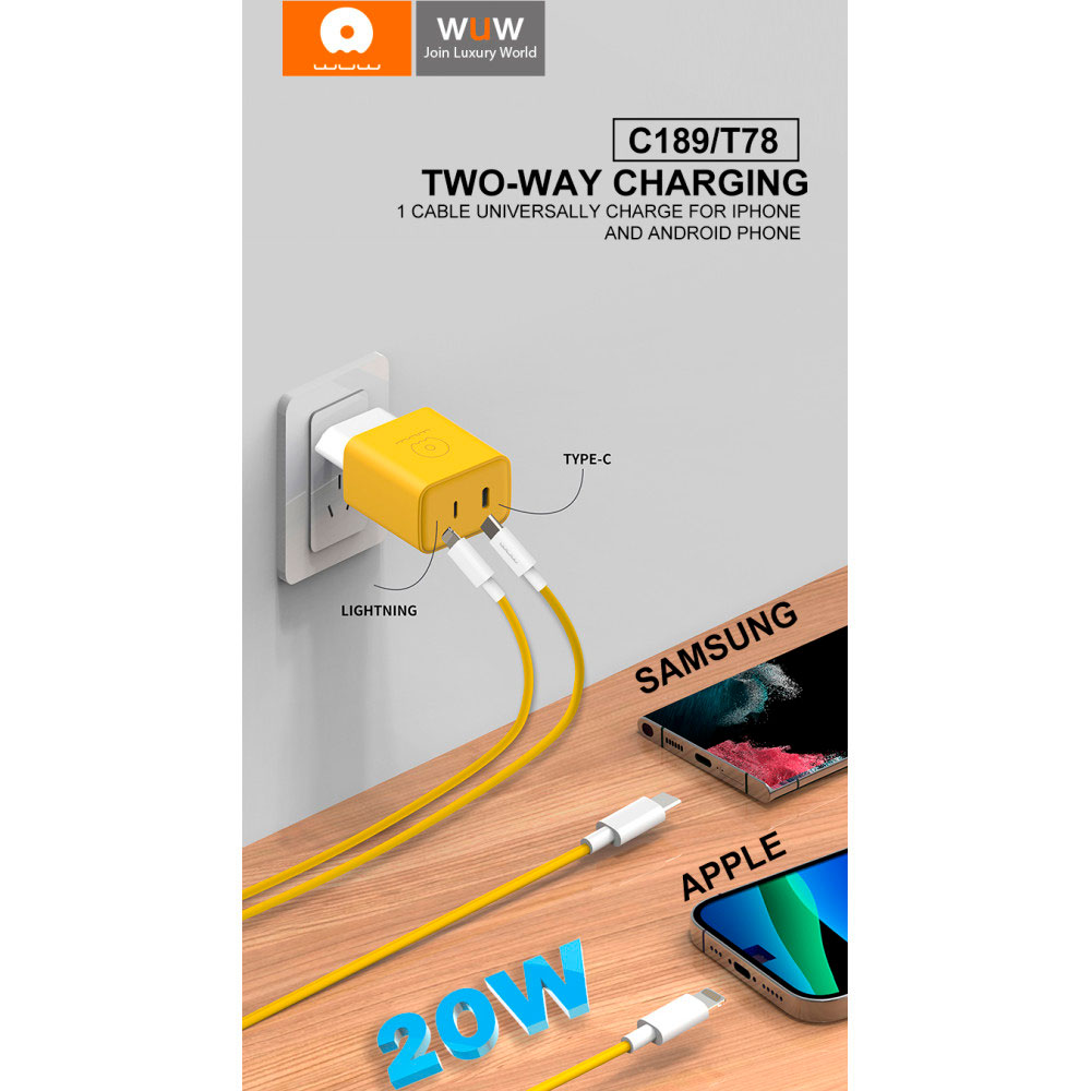 Зарядний пристрій WUW C189 1xUSB-C, 1xLightning, PD20W Yellow