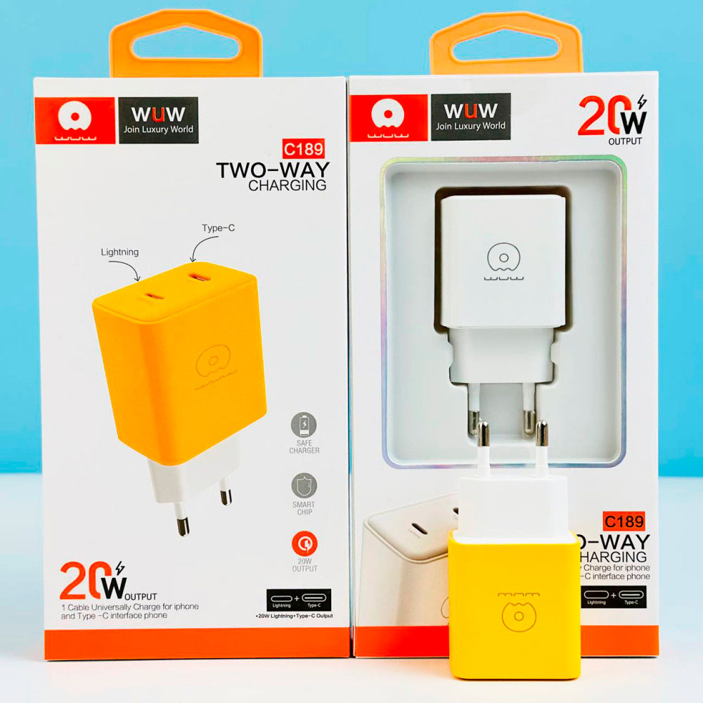 Зарядний пристрій WUW C189 1xUSB-C, 1xLightning, PD20W Yellow