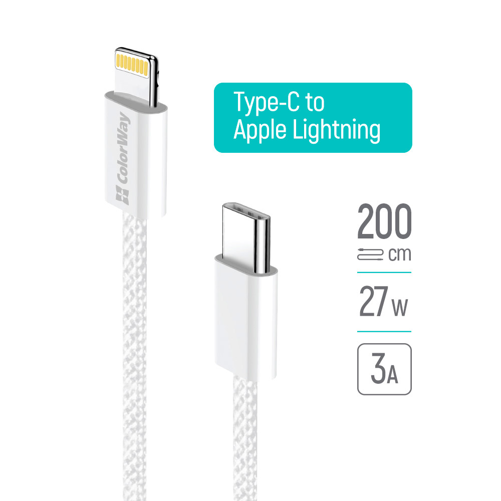 Кабель COLORWAY Fabric Braided Type-C to Lightning 2м White (CW-CBPDCL068-GR)