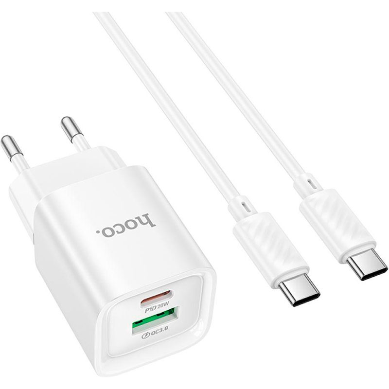 Зарядний пристрій HOCO C147A Charm 1xUSB-A, 1xUSB-C, PD20W, QC3.0 White w/Type-C cable (6942007630290)