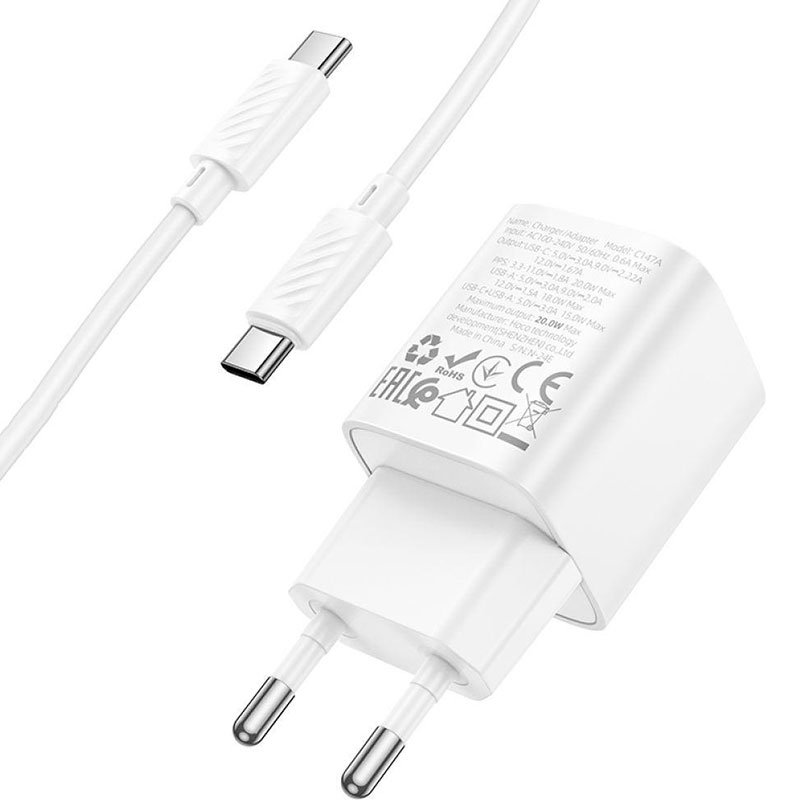 Зарядний пристрій HOCO C147A Charm 1xUSB-A, 1xUSB-C, PD20W, QC3.0 White w/Type-C cable (6942007630290)