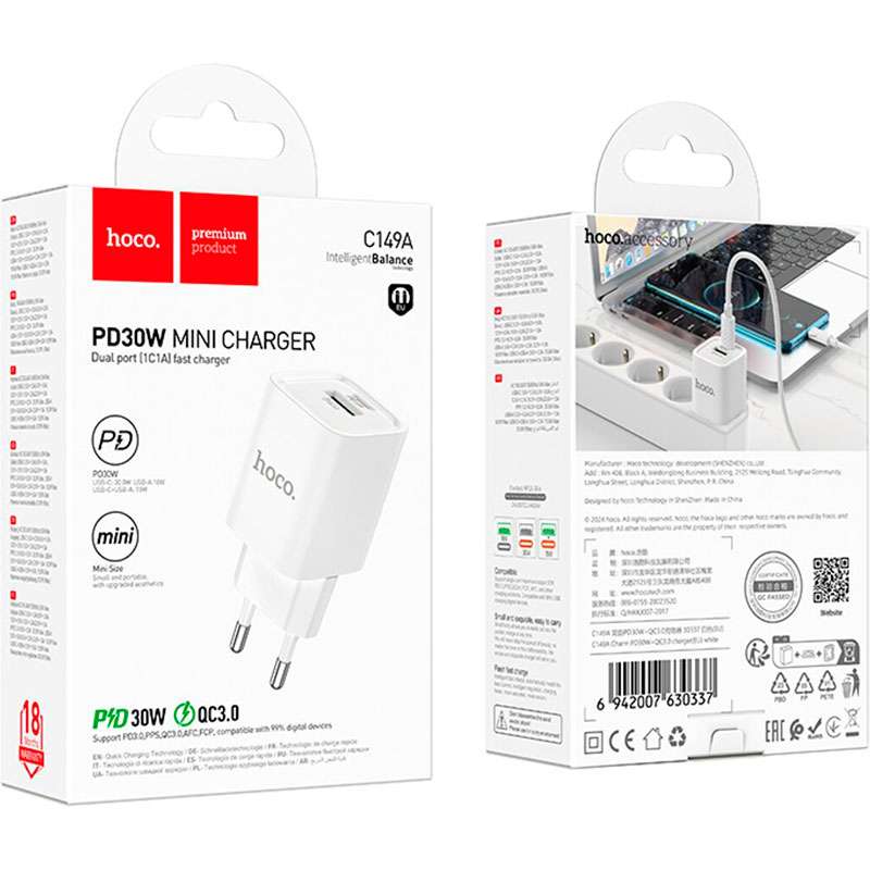 Зарядний пристрій HOCO C149A Charm 1xUSB-A, 1xUSB-C, PD30W, QC3.0 White (6942007630337)