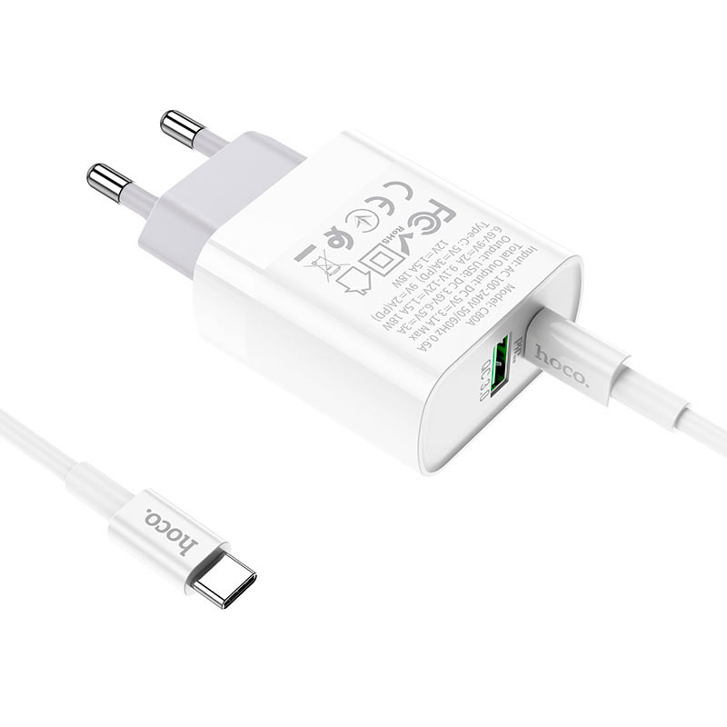 Зарядний пристрій HOCO C80A Rapido 1xUSB-A, 1xUSB-C, PD20W, QC3.0 White w/Type-C cable (6931474740533)