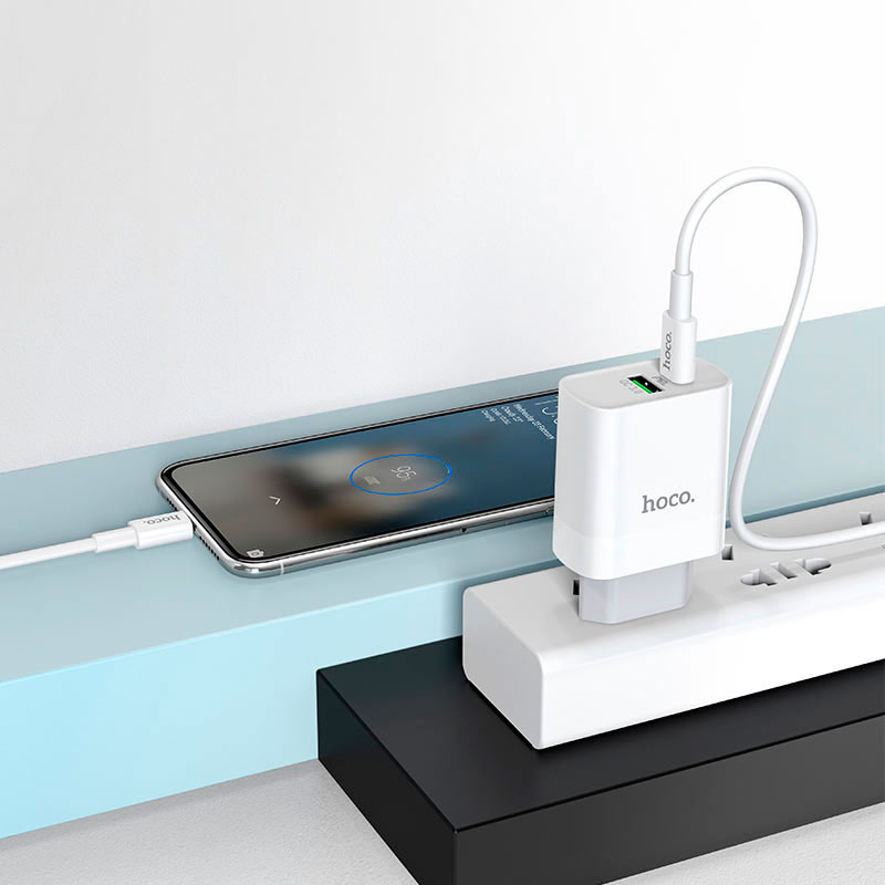 Зарядний пристрій HOCO C80A Rapido 1xUSB-A, 1xUSB-C, PD20W, QC3.0 White w/Type-C cable (6931474740533)
