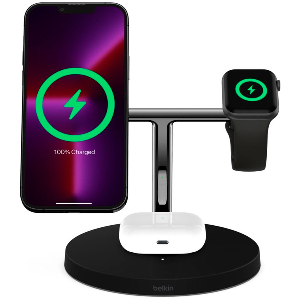 Бездротовий зарядний пристрій BELKIN Boost Up Charge Pro 3-in-1 Wireless Charger with MagSafe Qi2 15W Black (WIZ032KQBK)
