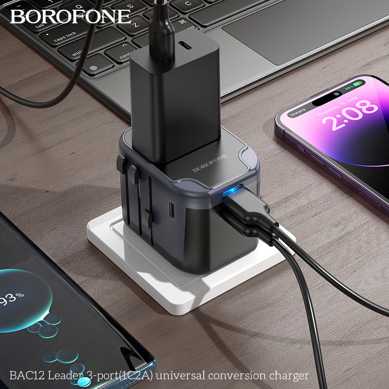 Зарядний пристрій BOROFONE BAC12 Leader 2xUSB-A, 1xUSB-C, 2.4A Universal Conversion Charger Black