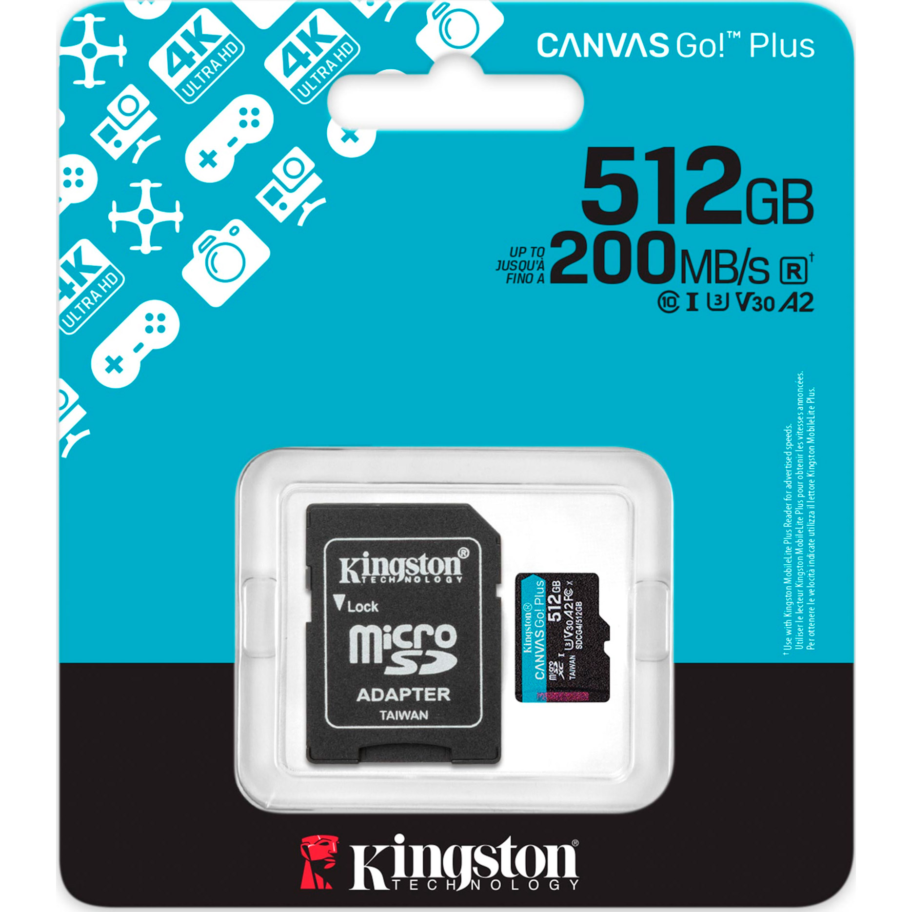 Карта памяти KINGSTON microSDXC Canvas Go! Plus 512GB UHS-I U3 V30 A2 Class 10 + SD-adapter (SDCG4/512GB)