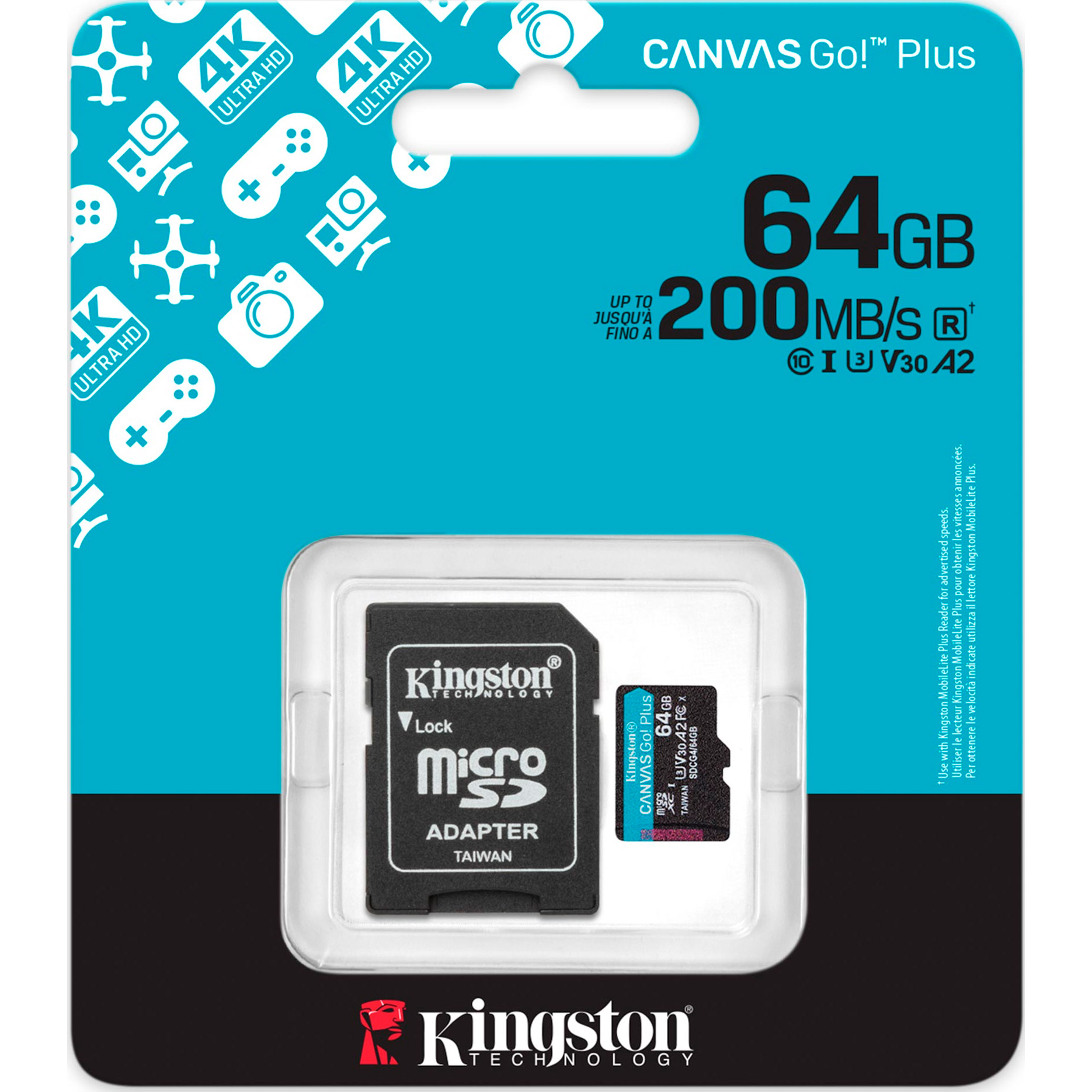 Карта памяти KINGSTON microSDXC Canvas Go! Plus 64GB UHS-I U3 V30 A2 Class 10 + SD-adapter (SDCG4/64GB)
