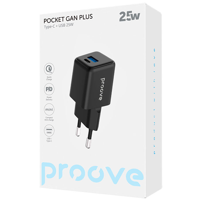 Зарядний пристрій PROOVE Pocket GaN Plus 25W 1xUSB-C, 1xUSB-A, PD3.0, QC4.0 Black