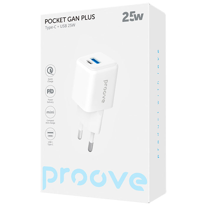 Зарядное устройство PROOVE Pocket GaN Plus 25W 1xUSB-C, 1xUSB-A, PD3.0, QC4.0 White